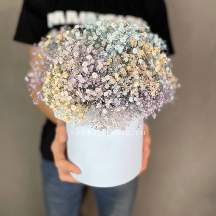 9 Радужных гипсофил в шляпной коробке в Красноярске