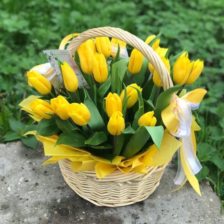 25 желтых тюльпанов в корзине в Красноярске