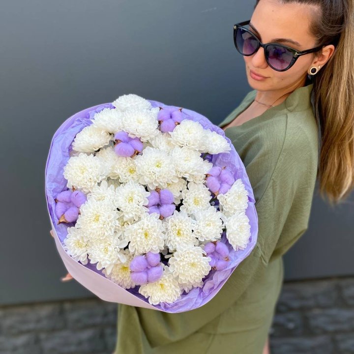  Букет  хризантем и хлопка в Красноярске