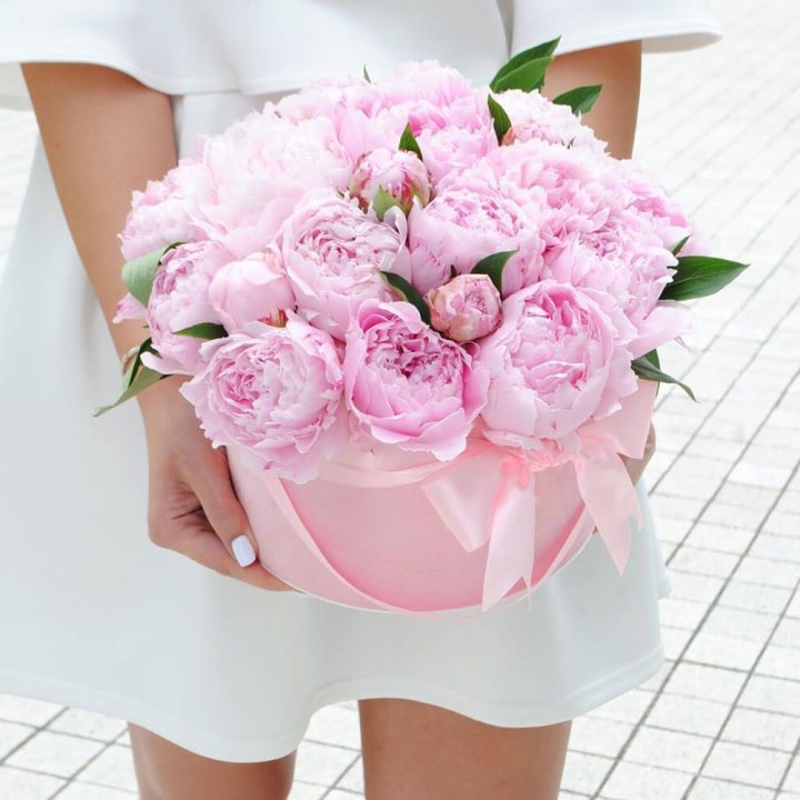 Пионы в шляпной коробке в Красноярске