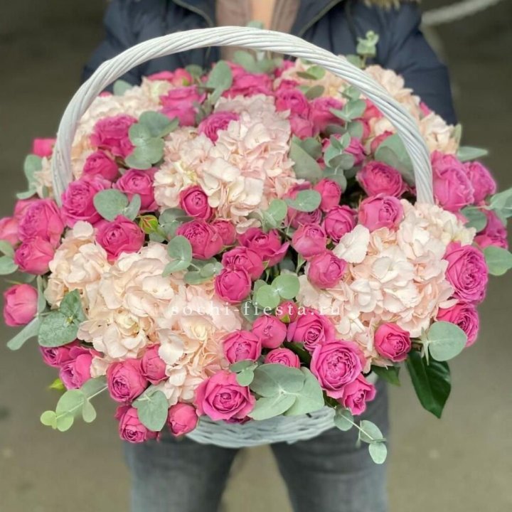 Корзина с гортензией и Мисти Баблс в Красноярске